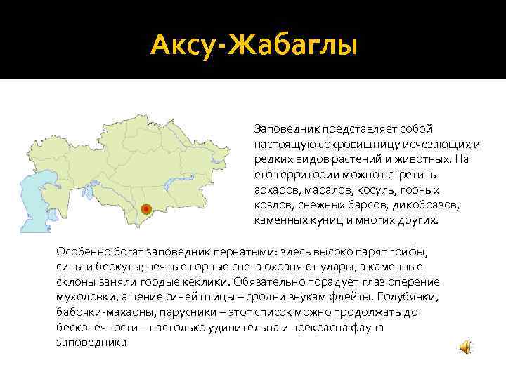 Аксу-Жабаглы Заповедник представляет собой настоящую сокровищницу исчезающих и редких видов растений и животных. На