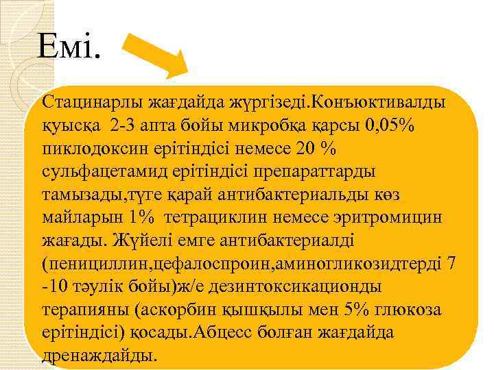 Емі. Стацинарлы жағдайда жүргізеді. Конъюктивалды қуысқа 2 -3 апта бойы микробқа қарсы 0, 05%