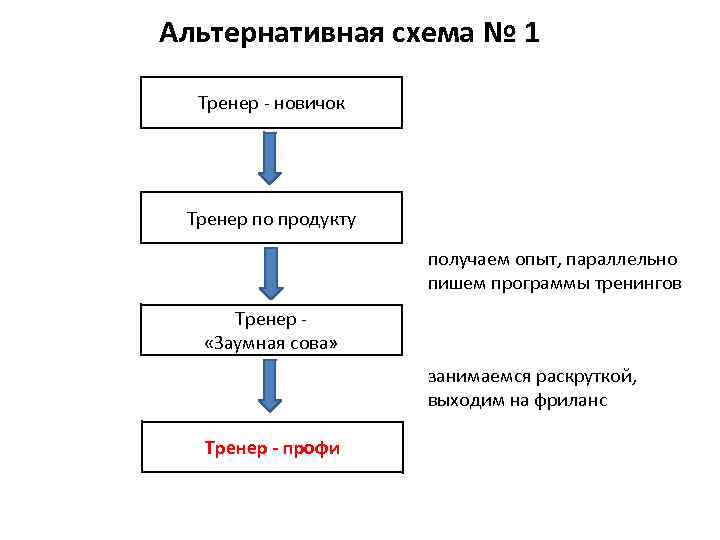Альтернативная схема № 1 Тренер - новичок Тренер по продукту получаем опыт, параллельно пишем