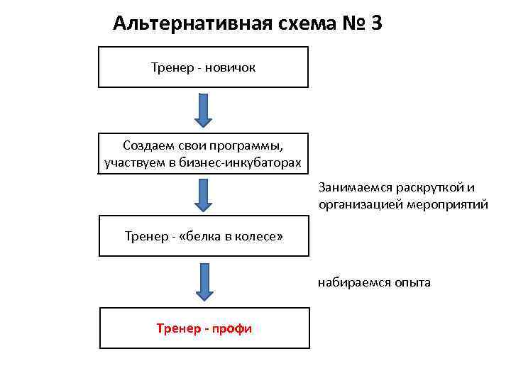 Альтернативная схема № 3 Тренер - новичок Создаем свои программы, участвуем в бизнес-инкубаторах Занимаемся