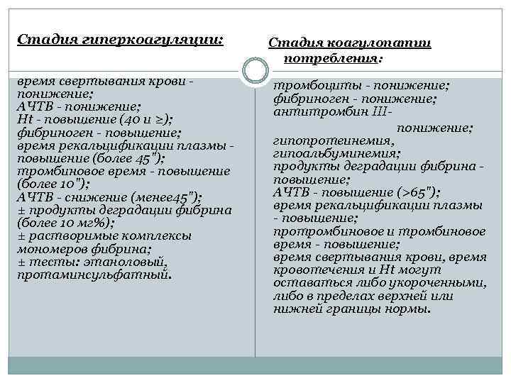 Стадия гиперкоагуляции: время свeртывания крови - понижение; АЧТВ - понижение; Ht - повышение (40