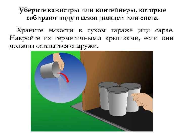 Уберите канистры или контейнеры, которые собирают воду в сезон дождей или снега. Храните емкости