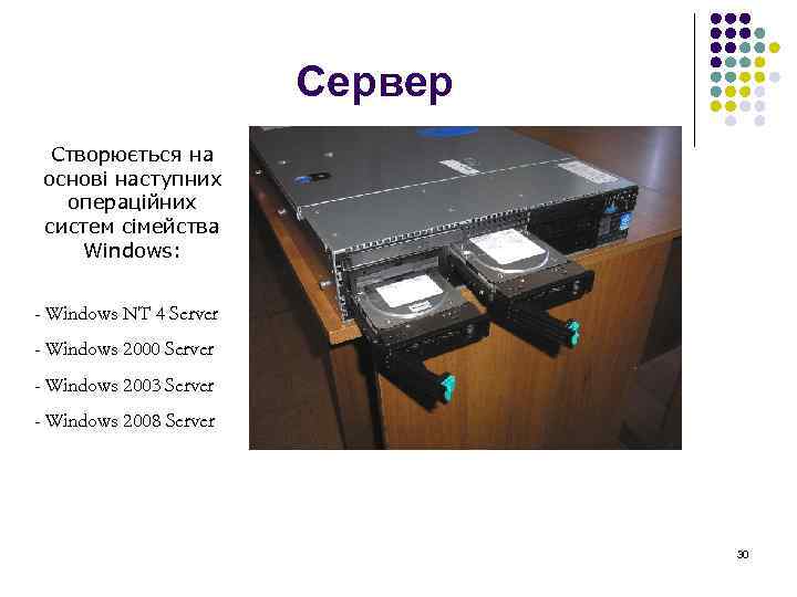 Сервер Створюється на основі наступних операційних систем сімейства Windows: - Windows NT 4 Server