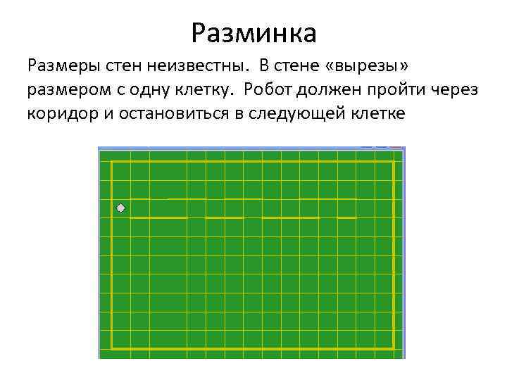 Разминка Размеры стен неизвестны. В стене «вырезы» размером с одну клетку. Робот должен пройти