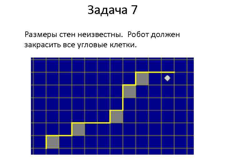 Задача 7 Размеры стен неизвестны. Робот должен закрасить все угловые клетки. 