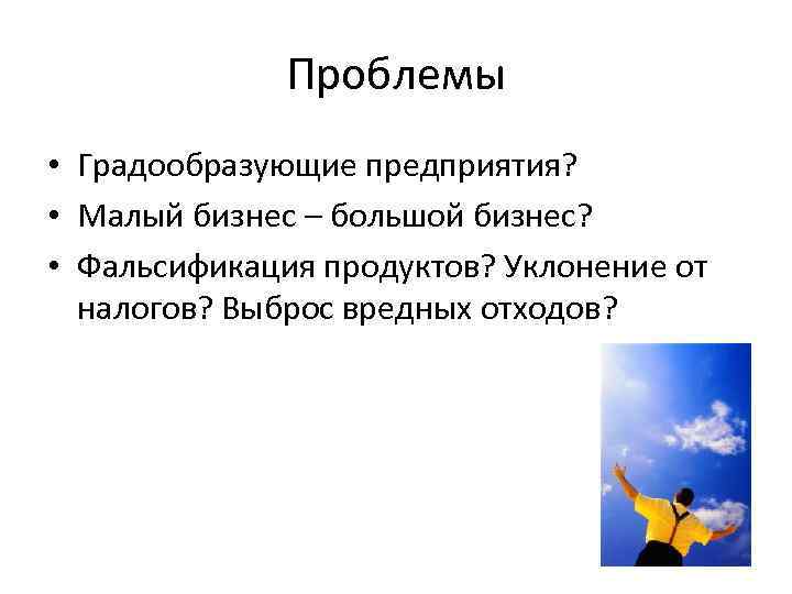 Проблемы • Градообразующие предприятия? • Малый бизнес – большой бизнес? • Фальсификация продуктов? Уклонение