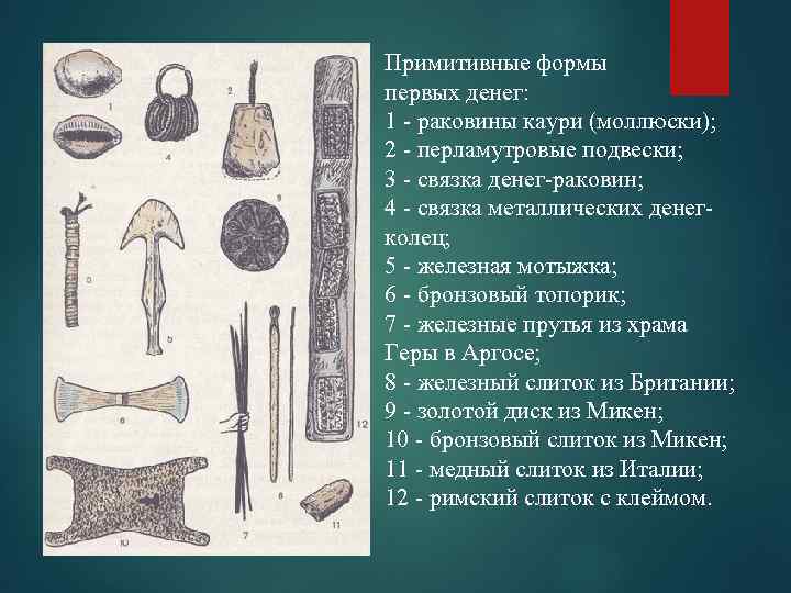 Примитивные формы первых денег: 1 - раковины каури (моллюски); 2 - перламутровые подвески; 3