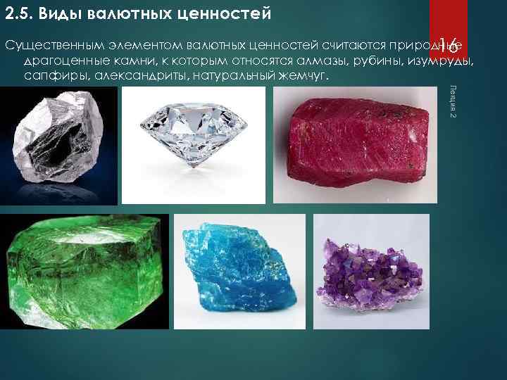 2. 5. Виды валютных ценностей Существенным элементом валютных ценностей считаются природные 16 драгоценные камни,