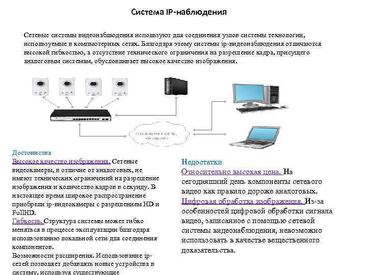 Система IP-наблюдения Сетевые системы видеонаблюдения используют для соединения узлов системы технологии, используемые в компьютерных