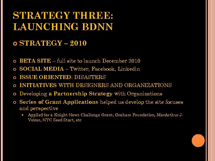 STRATEGY THREE: LAUNCHING BDNN STRATEGY – 2010 BETA SITE – full site to launch