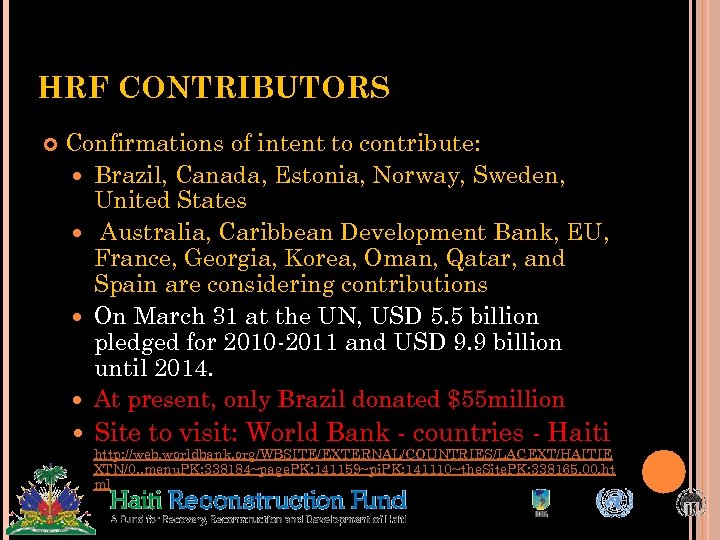HRF CONTRIBUTORS Confirmations of intent to contribute: Brazil, Canada, Estonia, Norway, Sweden, United States