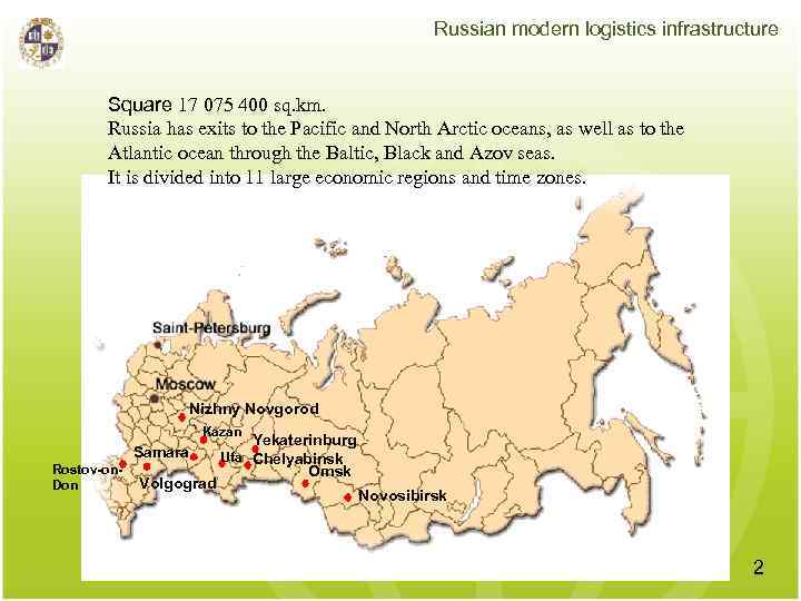 Russian modern logistics infrastructure Square 17 075 400 sq. km. Russia has exits to