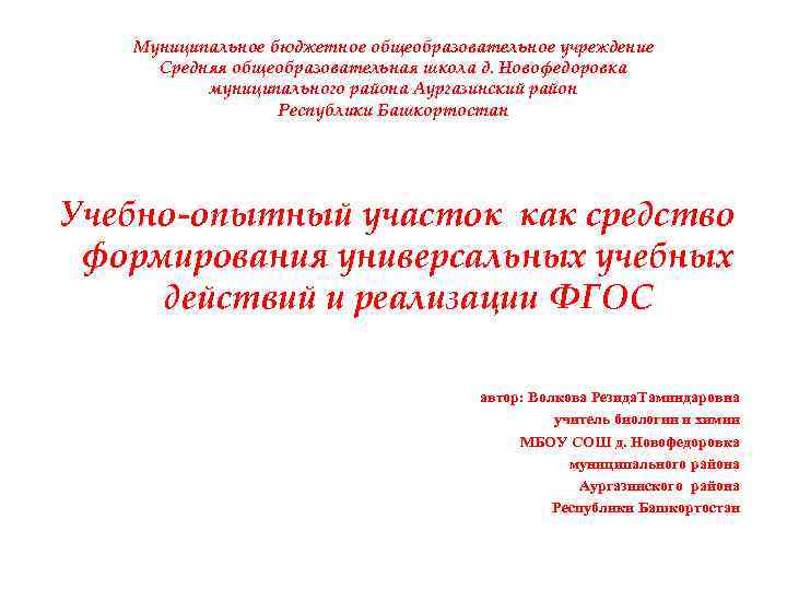 Муниципальное бюджетное общеобразовательное учреждение Средняя общеобразовательная школа д. Новофедоровка муниципального района Аургазинский район Республики