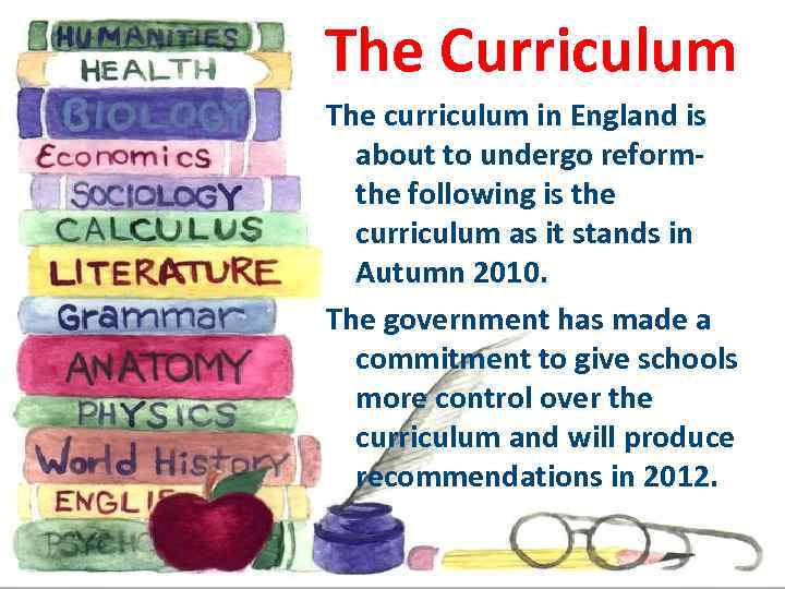 The Curriculum The curriculum in England is about to undergo reform- the following is