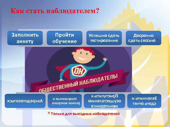Как стать наблюдателем? Заполнить анкету Пройти обучение Успешно сдать тестирование Досрочно сдать сессию *
