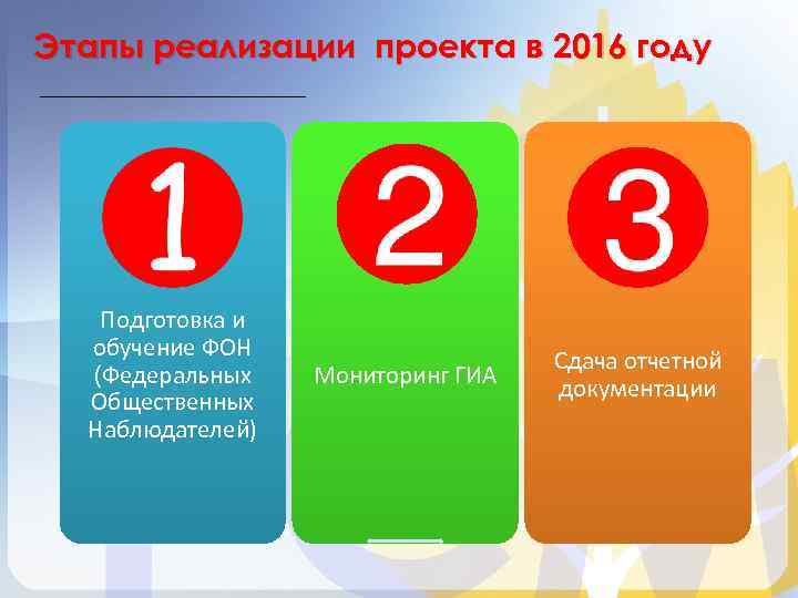 Этапы реализации проекта в 2016 году Подготовка и обучение ФОН (Федеральных Общественных Наблюдателей) Мониторинг