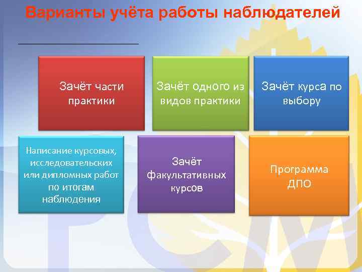 Варианты учёта работы наблюдателей Зачёт части практики Написание курсовых, исследовательских или дипломных работ по