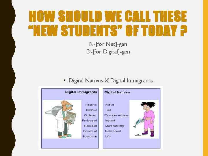 HOW SHOULD WE CALL THESE “NEW STUDENTS” OF TODAY ? N-[for Net]-gen D-[for Digital]-gen