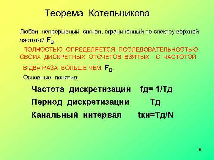  Теорема Котельникова Любой непрерывный сигнал, ограниченный по спектру верхней частотой FВ, ПОЛНОСТЬЮ ОПРЕДЕЛЯЕТСЯ