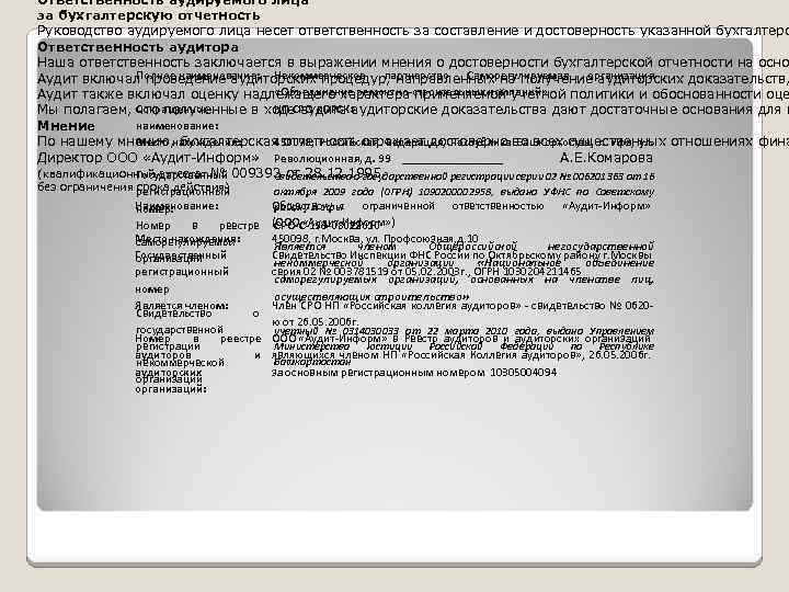 Ответственность аудируемого лица за бухгалтерскую отчетность Руководство аудируемого лица несет ответственность за составление и