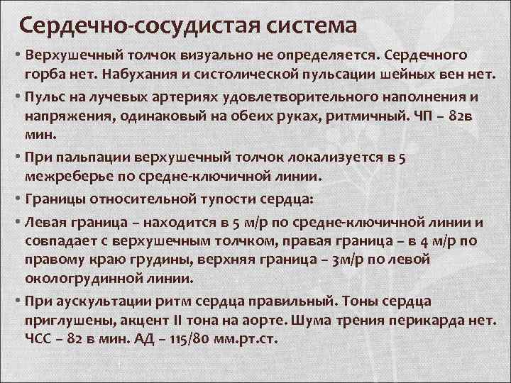 Сердечно-сосудистая система • Верхушечный толчок визуально не определяется. Сердечного горба нет. Набухания и систолической