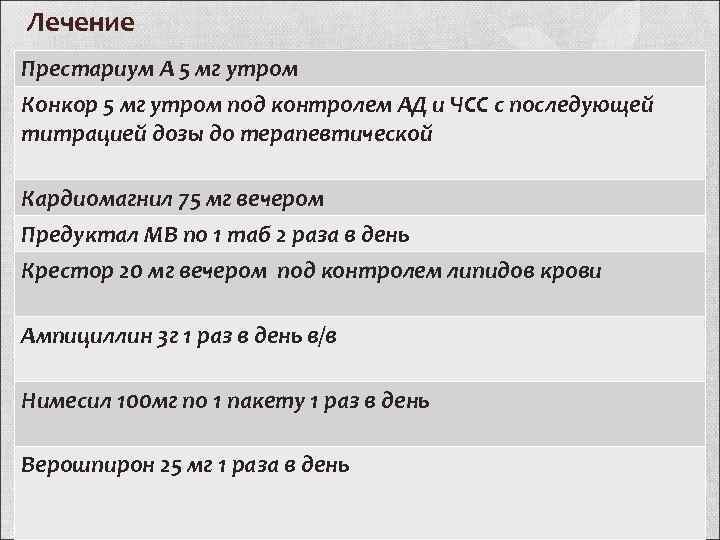 Лечение Престариум А 5 мг утром Конкор 5 мг утром под контролем АД и