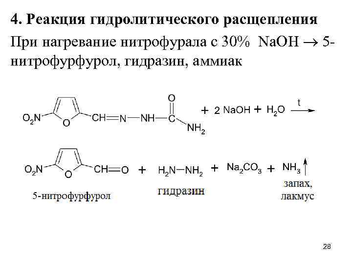 4. Реакция гидролитического расщепления При нагревание нитрофурала с 30% Na. OH 5 нитрофурфурол, гидразин,