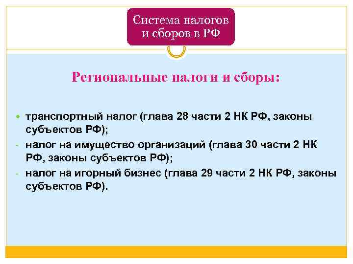 Система налогов и сборов в РФ Региональные налоги и сборы: транспортный налог (глава 28