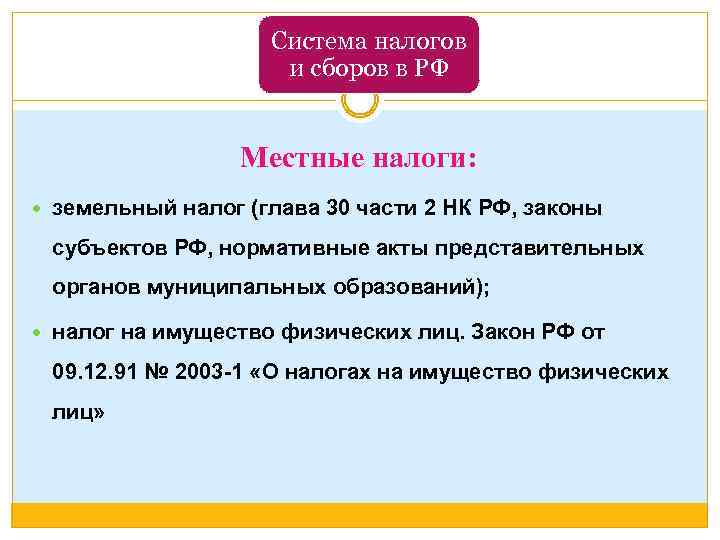 Система налогов и сборов в РФ Местные налоги: земельный налог (глава 30 части 2