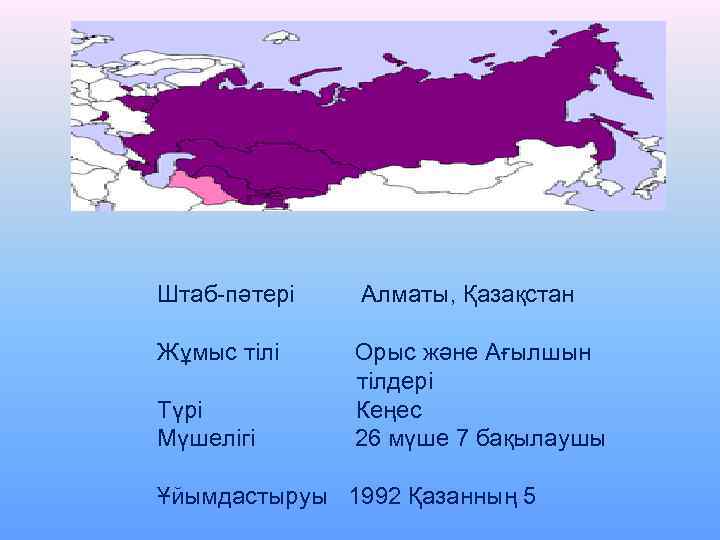  Штаб-пәтері Алматы, Қазақстан Жұмыс тілі Орыс және Ағылшын тілдері Түрі Кеңес Мүшелігі 26