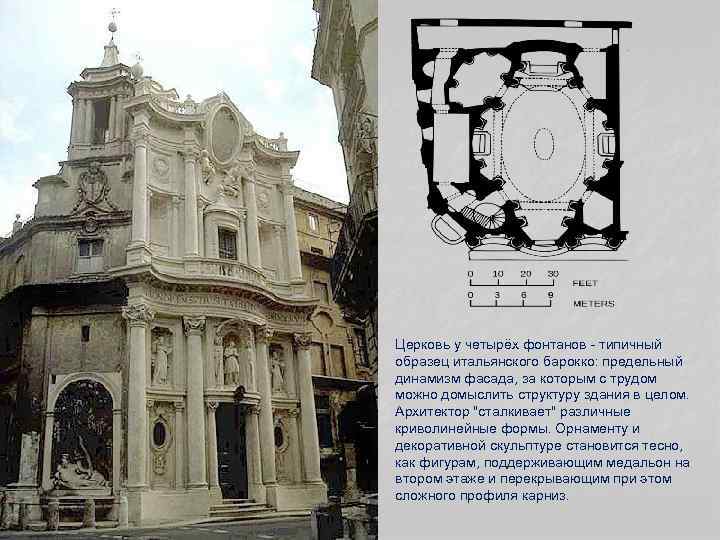 Церковь у четырёх фонтанов - типичный образец итальянского барокко: предельный динамизм фасада, за которым