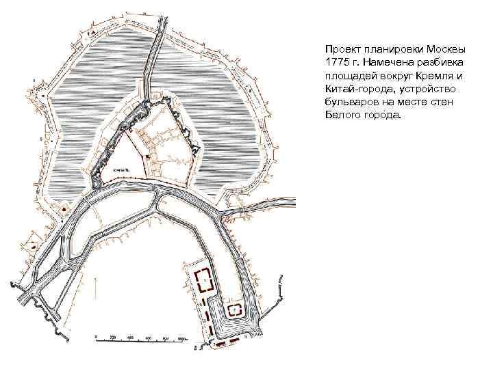 Проект планировки Москвы 1775 г. Намечена разбивка площадей вокруг Кремля и Китай-города, устройство бульваров