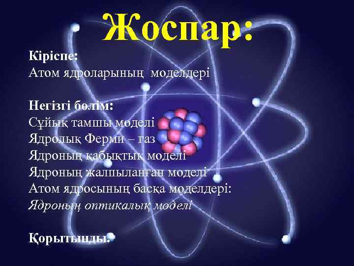 Жоспар: Кіріспе: Атом ядроларының моделдері Негізгі бөлім: Сұйық тамшы моделі Ядролық Ферми – газ