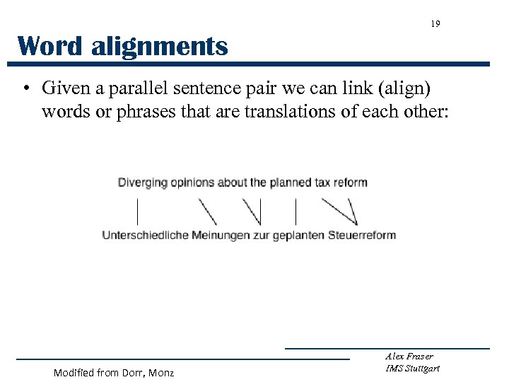 19 Word alignments • Given a parallel sentence pair we can link (align) words
