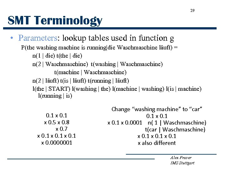 29 SMT Terminology • Parameters: lookup tables used in function g P(the washing machine