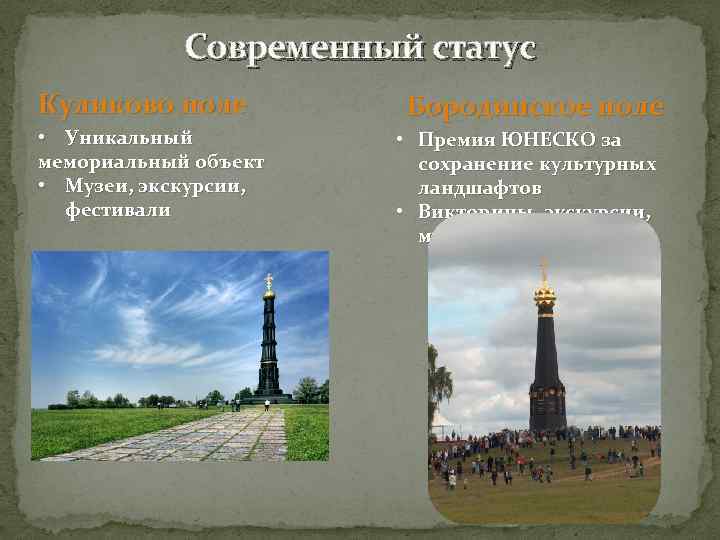 Современный статус Куликово поле • Уникальный мемориальный объект • Музеи, экскурсии, фестивали Бородинское поле
