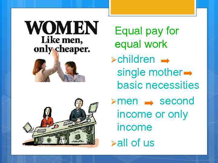 Equal pay for equal work Øchildren single mother basic necessities Ømen second income or