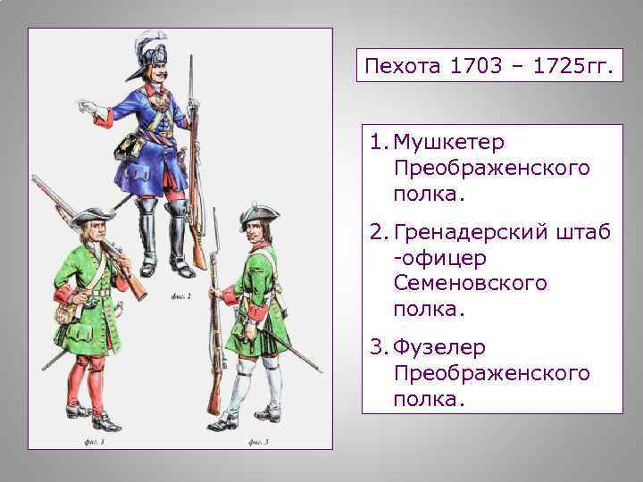 Пехота 1703 – 1725 гг. 1. Мушкетер Преображенского полка. 2. Гренадерский штаб -офицер Семеновского