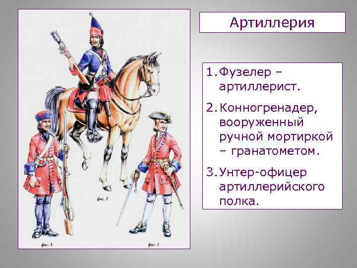 Артиллерия 1. Фузелер – артиллерист. 2. Конногренадер, вооруженный ручной мортиркой – гранатометом. 3. Унтер-офицер