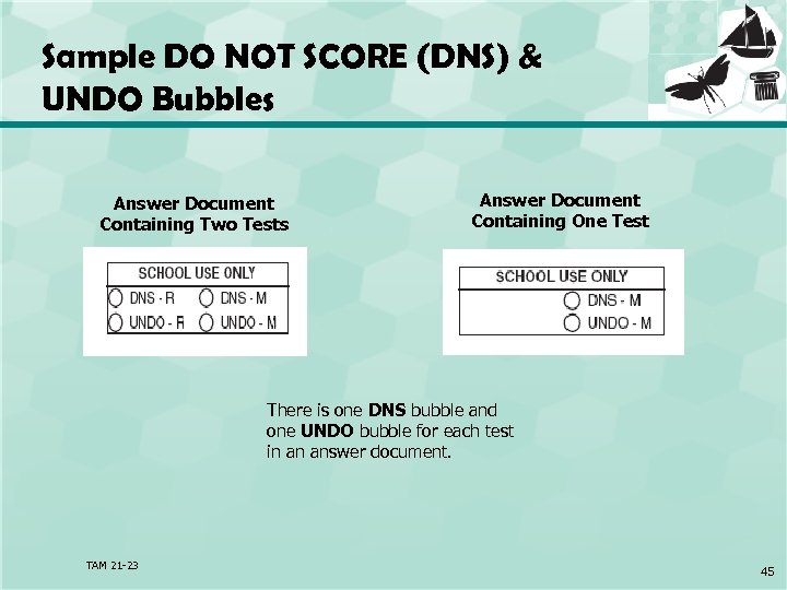 Sample DO NOT SCORE (DNS) & UNDO Bubbles Answer Document Containing Two Tests Answer