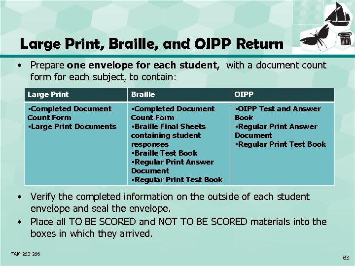 Large Print, Braille, and OIPP Return • Prepare one envelope for each student, with