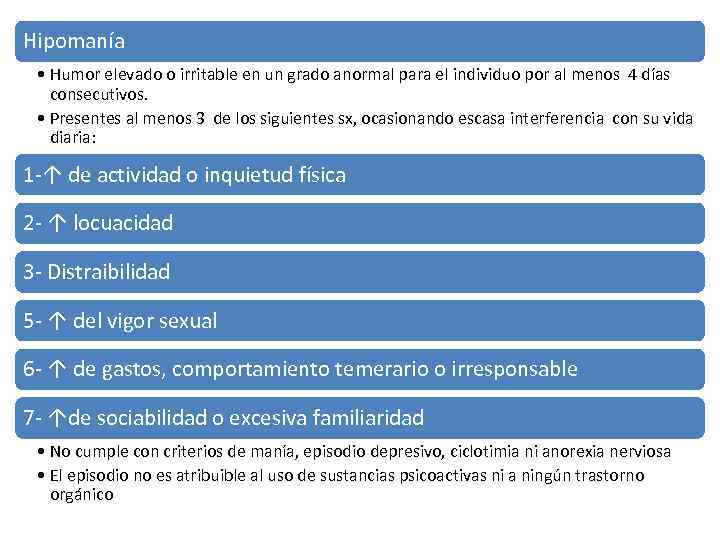 Hipomanía • Humor elevado o irritable en un grado anormal para el individuo por