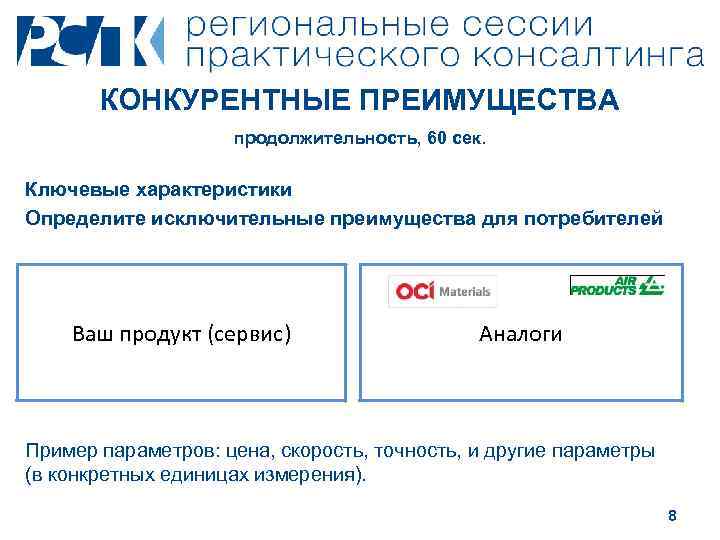 КОНКУРЕНТНЫЕ ПРЕИМУЩЕСТВА продолжительность, 60 сек. Ключевые характеристики Определите исключительные преимущества для потребителей Ваш продукт