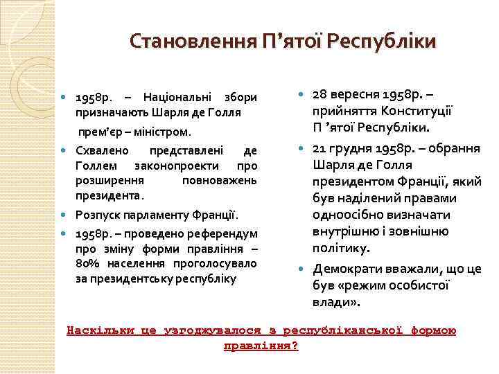 Становлення П’ятої Республіки 1958 р. – Національні збори призначають Шарля де Голля прем’єр –