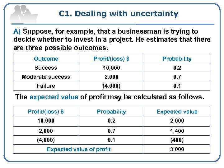 C 1. Dealing with uncertainty A) Suppose, for example, that a businessman is trying