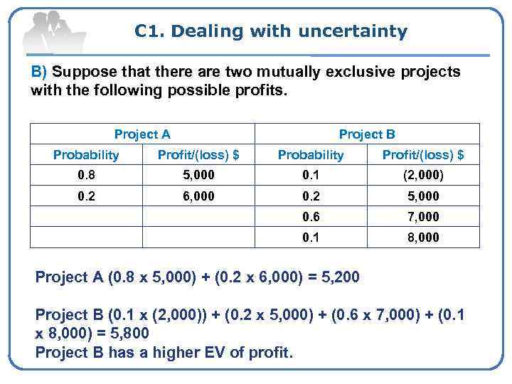C 1. Dealing with uncertainty B) Suppose that there are two mutually exclusive projects