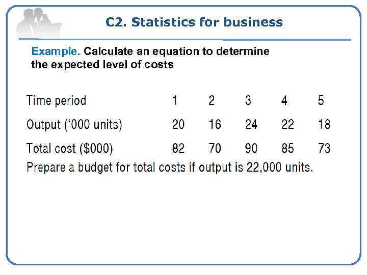 C 2. Statistics for business Example. Calculate an equation to determine the expected level