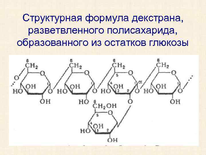 Структурная формула декстрана, разветвленного полисахарида, образованного из остатков глюкозы 