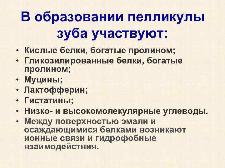 В образовании пелликулы зуба участвуют: • Кислые белки, богатые пролином; • Гликозилированные белки, богатые