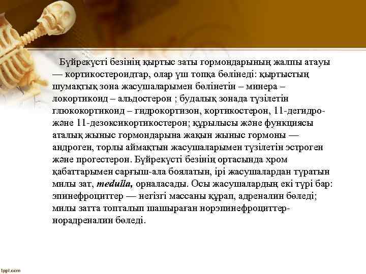 Бүйрекүсті безінің қыртыс заты гормондарының жалпы атауы — кортикостероидтар, олар үш топқа бөлінеді: қыртыстың